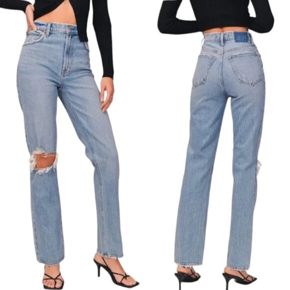 Abercrombie & Fitch 90s Straight Ultra High Rise Jeans 0S 25 Distressed Blue - Picture 1 of 9